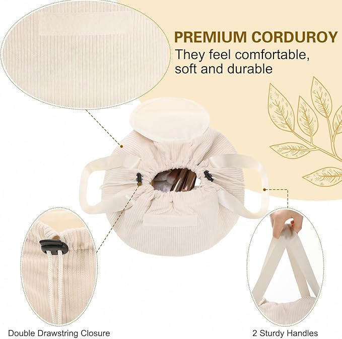 makeup bag lay flat Lay Flat Barrel Drawstring Corduroy Makeup Bag for Women Portable Open-flat Large Capacity Travel Cosmetic Organizer, Skincare & Brush Storage(Creamy White)