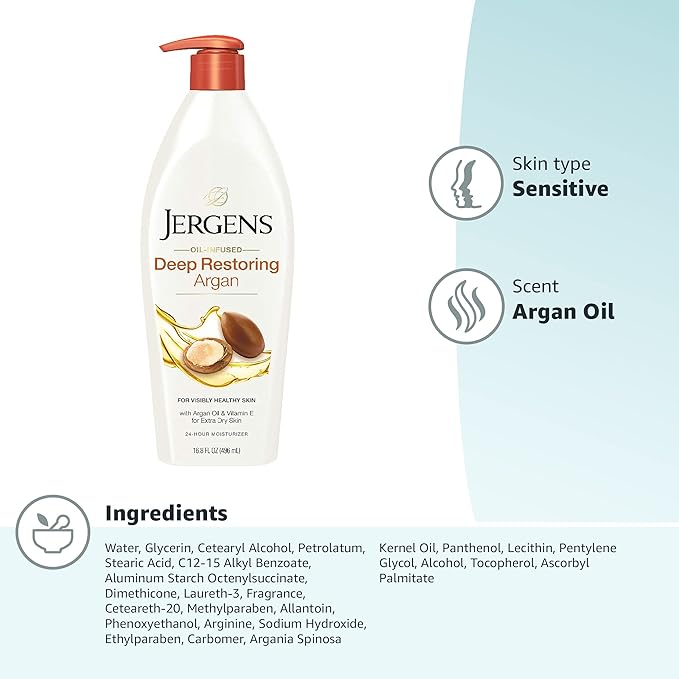 Jergens Deep Restoring Argan Oil Moisturizer, Soothing Body and Hand Lotion, with Reviving Argan_Oil and Vitamin E, Oil-Infused, Dermatologist Tested, 16.8 oz (Pack of 2)