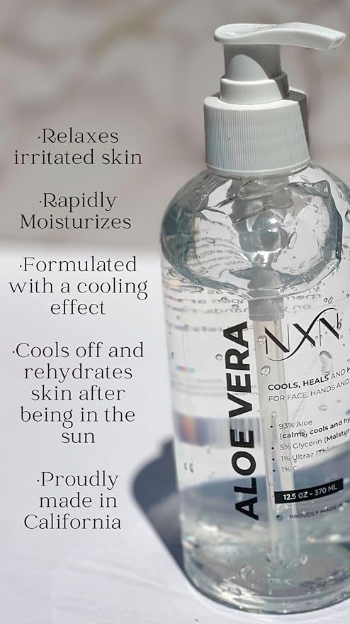 NXN Aloe Vera Gel, For Face, Body & Hair, Moisturizer for Sunburn, Dry Skin & Aftershave – Made in USA, Cold Pressed, Non-Sticky, Fragrance Free 12oz