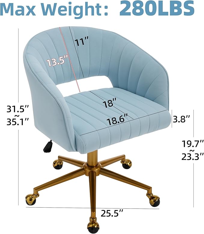 Westice Home Office Desk Chairs, Modern Velvet Rolling Chair, Height Adjustable Swivel Vanity Chair with Golden Base, Ergonomic Chair for Study, Living Room Computer Room, Light Blue