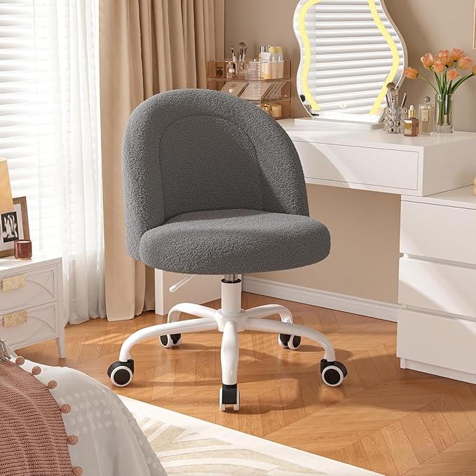 Vanity Chair with Back, Cute Desk Chair with Wheels, Armless Office Chair Height Adjustable, Soft Lumbar Support for Small Space, Bedroom, Grey