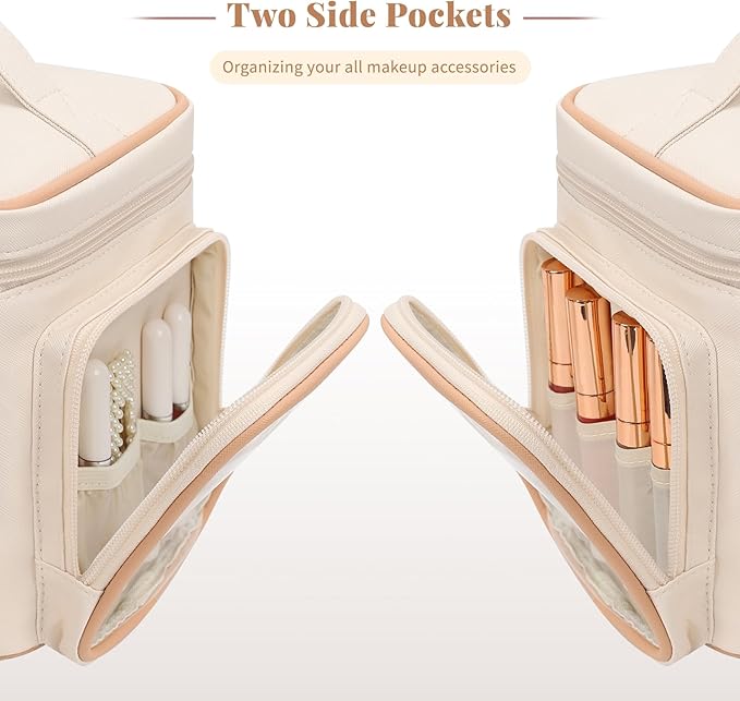 Large Makeup Bag, Portable Travel Makeup Bag Organizer for Women Girls with Makeup Brush Compartment & Two Side Pockets, Cosmetic Travel Bag Vertical Storage Toiletry - White