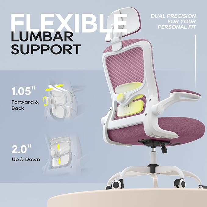 Ergonomic Office Chair, High Back Mesh Desk Chair with Adjustable Lumbar Support & Headrest, Flip-up Armrest, Computer Task Chairs for Home and Executive Office (W-Purple)