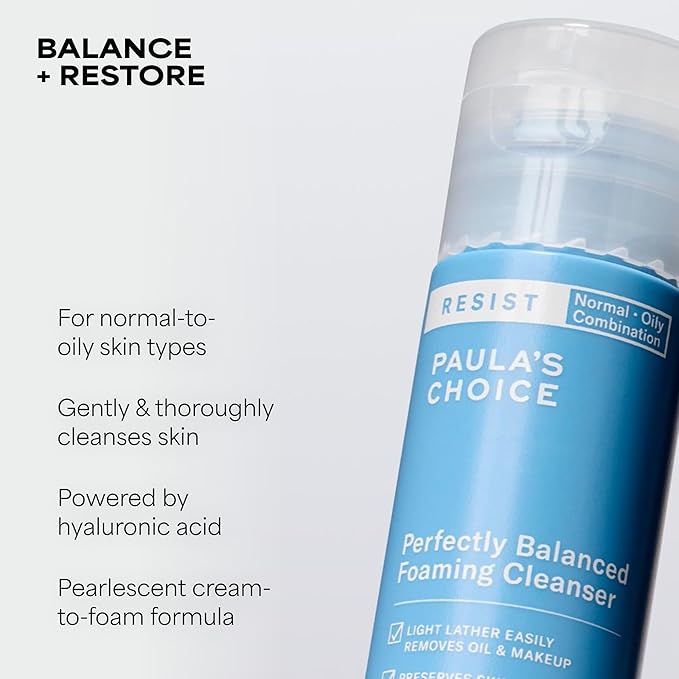 Paula's Choice RESIST Perfectly Balanced Foaming Facial Cleanser, Face Cleanser with Hyaluronic Acid & Aloe, Anti-Aging Face Wash, Large Pores & Oily Skin, Fragrance-Free, 1 Fl Oz