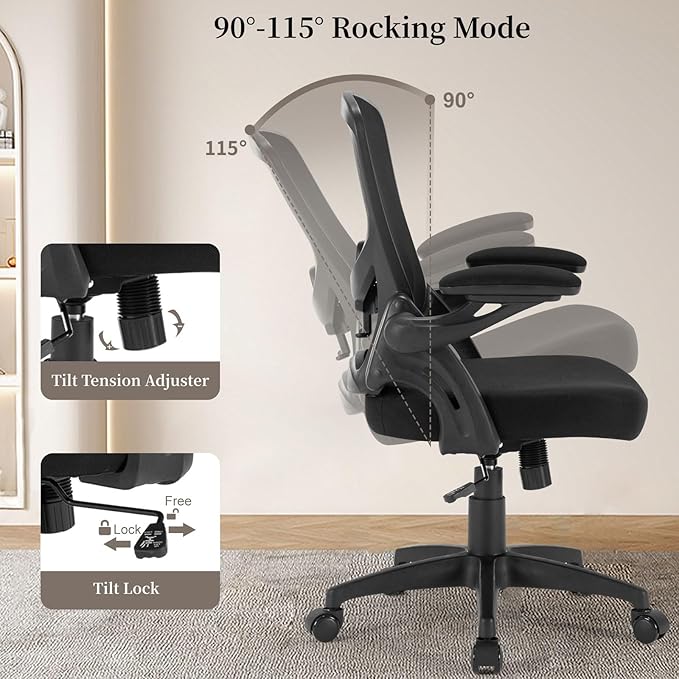 Ergonomic Office Chair Comfy, Mesh Desk Chair with Flip up Armrests, Swivel Computer Desk Chair with Adjustable Lumbar Support and Height for Home Office, 300 lbs Capacity