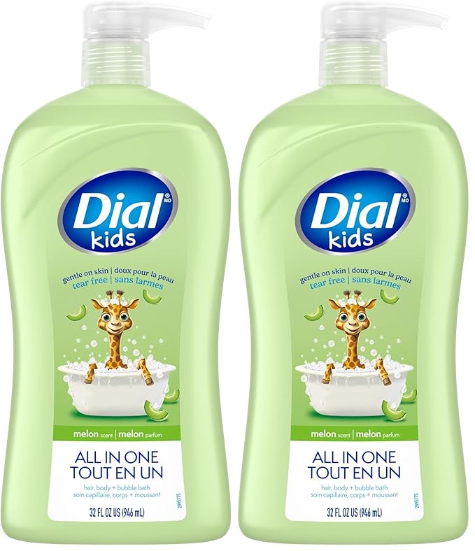 Dial Kids All-in-1 Body Wash + Hair + Bubble Bath, Melon Scent, 32 Fl Oz, Hypoallergenic Body Wash & Shampoo, No Tears Formula for Kids 2+ Years, No Parabens & Silicones (Pack of 2)