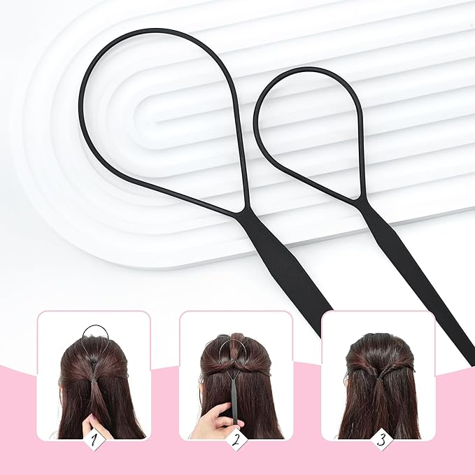 Quacc 3 PCS Hair Styling Tool Set Topsy Tail Hair Tools with Tail Comb (Black)
