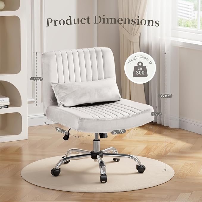 Warmiehomy Velvet Office Chair, Luxury Criss Cross Chair with Wheels, Comfy Cross Legged Desk Chair for Home Office, Stylish Vanity Chair, Wide Seat Computer Chair, Best Gift for Girls, White
