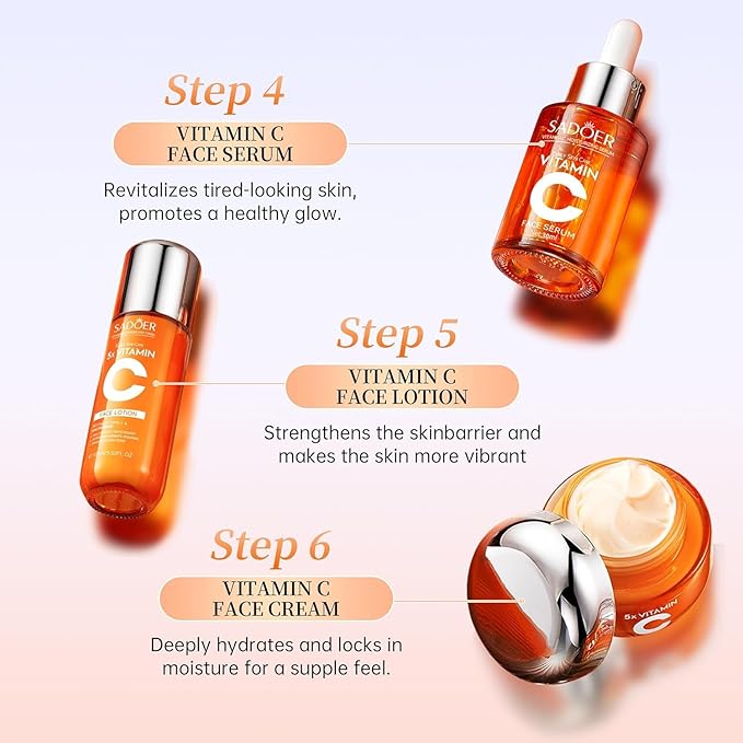 Vitamin C Skincare Set With Cleanser, Toner, Face Serum, Face Cream, Eye Cream And Face Lotion, Facial Skin Care Set For Teenage Girls Travel Size - Vegan, Gluten Free, & Cruelty Free