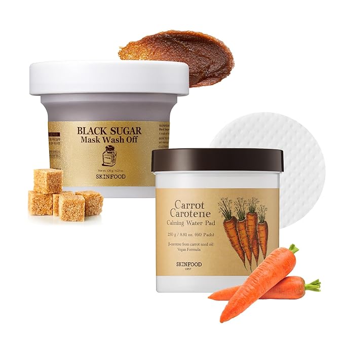 SKINFOOD Smooth & Refresh Set – Black Sugar Exfoliating Wash Off Mask and Carrot Carotene Hydrating Toner Pads for Soft, Balanced, and Radiant Skin