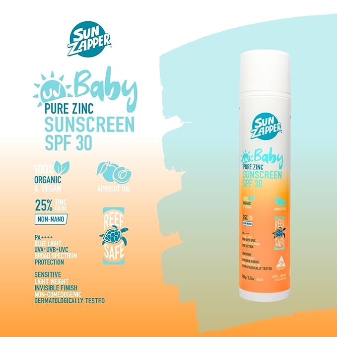 Sun Zapper Baby Pure Zinc Sunscreen SPF 30 – Mineral Sunscreen for Babies and Sensitive Skin with Organic Ingredients, 25% Non-Nano Zinc Oxide, Fragrance Free, Reef Safe, Vegan, 100g (3.5 oz) Pump