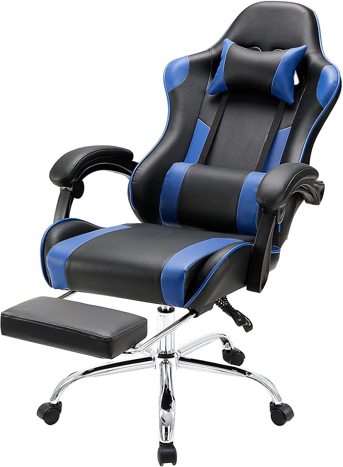 NEWBULIG Computer Gaming Desk Chair - High Back Ergonomic Lumbar Support with Footrest and Headrest, Comfy PU Leather Recliner with Linkage Armrest, Height Adjustable and 360° Swivel, Blue
