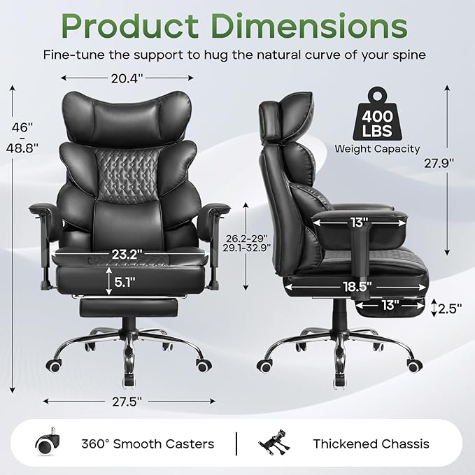 Big and Tall Office Chair with Foot Rest,Ergonomic High Back Computer Desk Chair,Executive Office Chairs with Lumbar Support & Armrests for Heavy People,Comfy 155°Recliner Gaming Chair