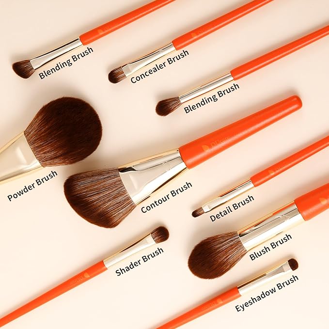 DUcare Travel Makeup Brushes with Pouch, 9Pcs Vegan Makeup Brush Set - Face & Eye Brush Kit for Powder Contour Blush Concealer Eyeshadow Blending & Detailing, Synthetic Bristles,Orange