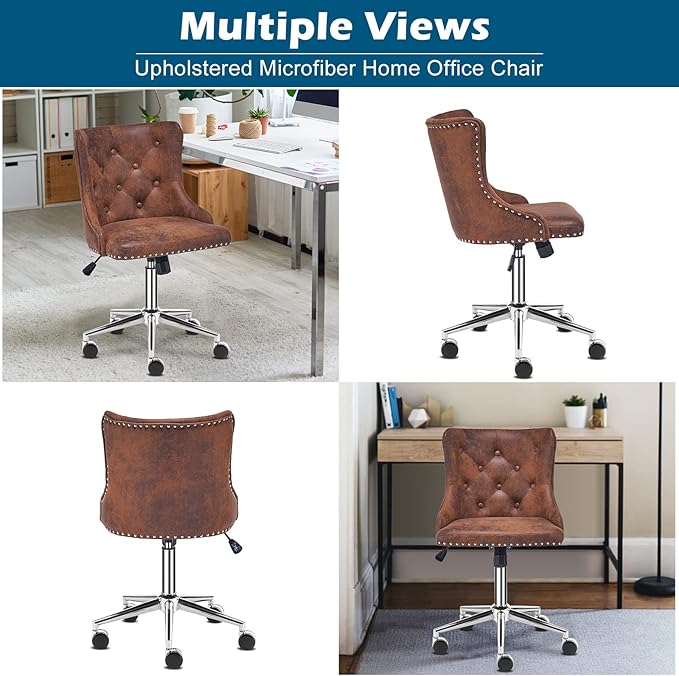 VINGLI Rustic Microfiber Armless Home Office Desk Chair with Silver Base/Wheels, Small Cute Vanity/Makeup Chair with Back for Bedroom, Upholstered Adjustable Rolling Swivel Nail Chair for Women/Girls