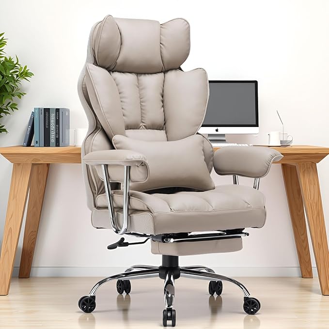 Efomao Big and Tall Office Chair 400lbs – PU Leather Executive Office Chair with Lumbar Support & Leg Rest, Heavy-Duty Computer Chair for Home Office, Grey