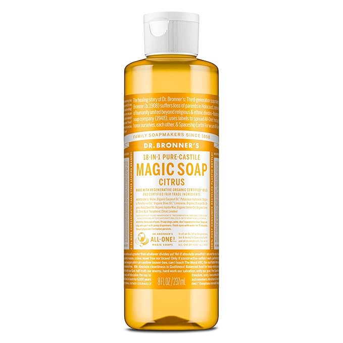 Dr. Bronner's Pure-Castile Magic Soap Liquid (Citrus, 8 Ounce) - Made with Regenerative Organic Certified Oils, 18-in-1 Uses: Face, Body, Hair, Laundry, Pets and Dishes, Concentrated, Vegan, Non-GMO
