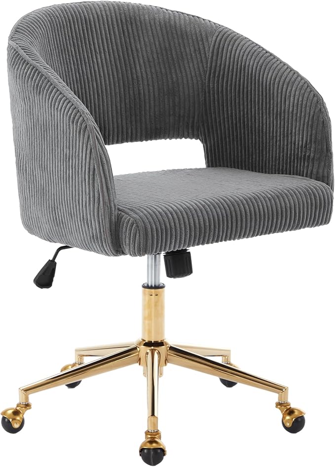 Home Office Chair Swivel Corduroy Fabric Desk Chair Accent Armchair Upholstered Modern Tufted Chairs with Gold Base for Girls Women Ergonomic Study Seat Computer Task Stools for Living Room(Gray)