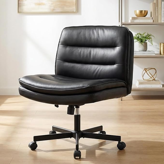 GTPLAYER Cross Legged Office Chair, Armless Desk Chair Cute Vanity Chair with Wheels Computer Chair Comfy Wide Office Chair Adjustable Swivel for Home Computer Task, Pu Light Black