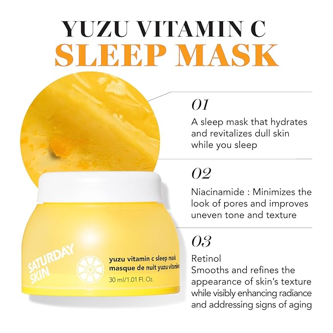 Saturday Skin 3-Piece Skin Care Set Yuzu Vitamin C Sleep Mask Yuzu Vitamin C Bright Toner and Eye Cream and Face Cleanser Hydrating Foam Cleanser Makeup Remover and Face Wash