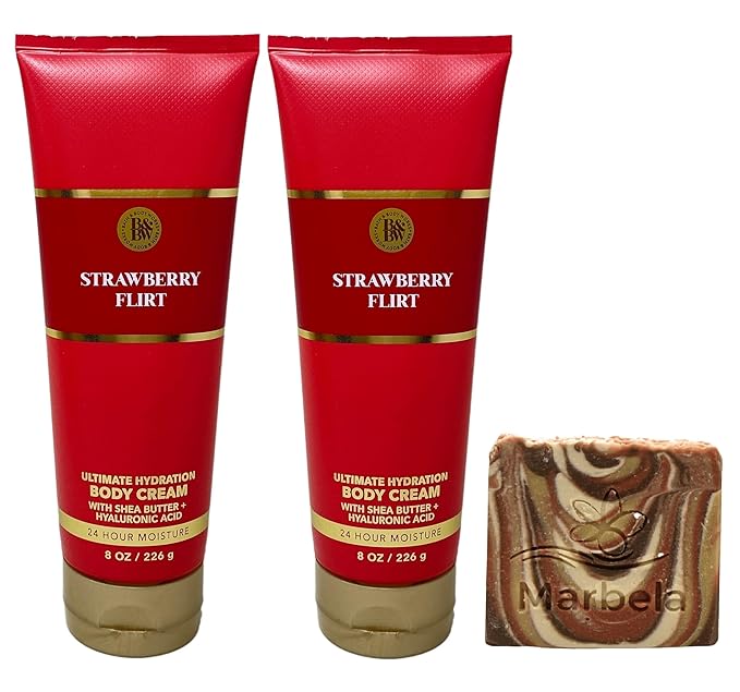 Bath & Body Works Strawberry Flirt 2 Pack Body Cream Bundle with a Clay Baby Bar Soap - Full Size