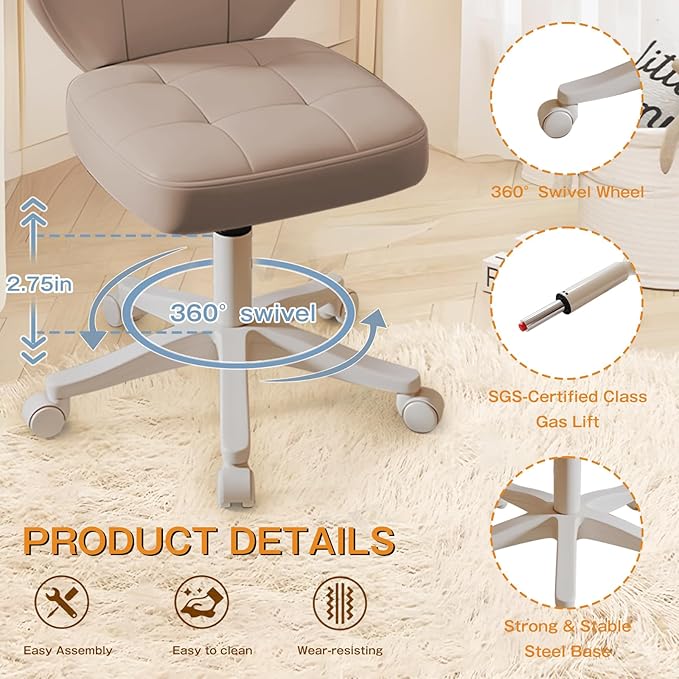 Vanity Chair with Back – Small Armless Office Chair with Wheels, Lumbar Support, PU Leather, Adjustable Height, 360° Swivel for Home, Bedroom, Office Khaki Set of 2