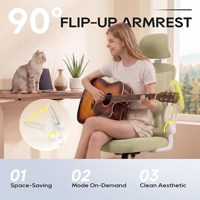 Ergonomic Office Chair, High Back Mesh Desk Chair with Adjustable Lumbar Support & Headrest, Flip-up Armrest, Computer Task Chairs for Home and Executive Office (W-Beige)