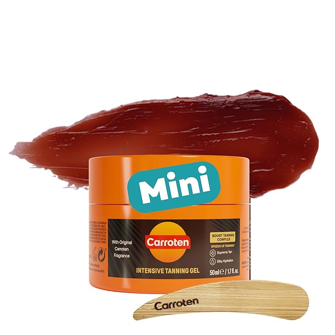 Carroten Mini Intensive Tanning Gel | Travel Size Browning Tan Accelerator | Non-Greasy Water-Resistant with Carrot & Coconut Oil | Vitamin A&E For Moisture & Hydration | 1.7 oz + Spatula