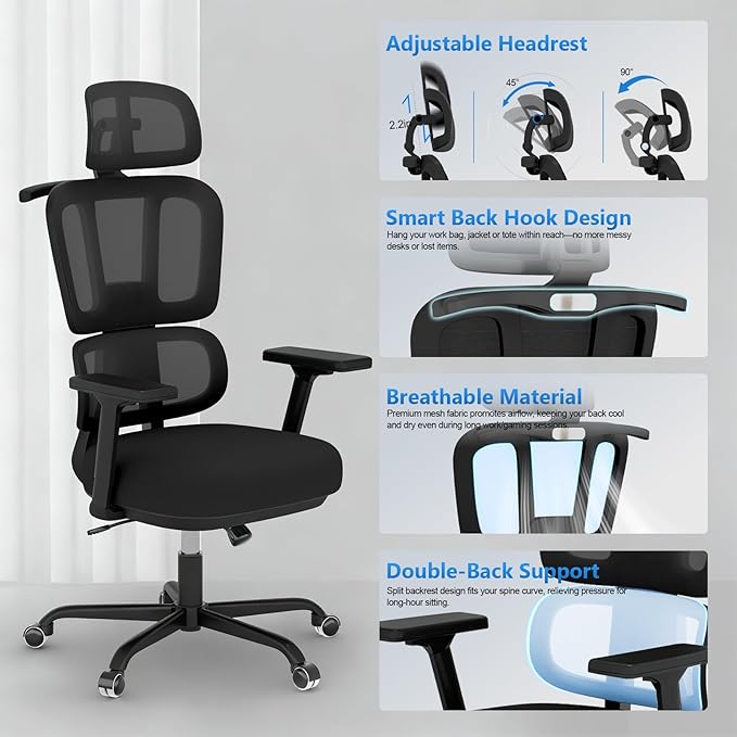 Office Chair Ergonomic Desk Chair with Lumbar Support and Headrest, Thick Cushion Mesh Computer Chair with Armrest and Tilt Lock, High Back Home Office Desk Chairs for Men Women