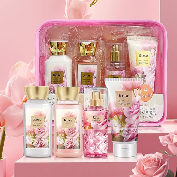 Bath and Body Gift Set for Women and Girls,Rose 3PCS Set - Shower Gel,Body Lotion,Body Mist,Personal Portable Body Care Travel Set,Home Spa Set for Birthday Mother's Day Gifts for Her