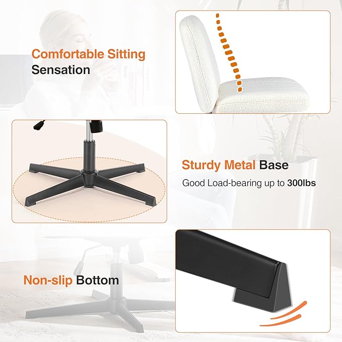 Sweetcrispy Criss Cross Chair Legged, Armless Office Swivel Desk Chair No Wheels, Vanity Height Adjustable Wide Seat Comfy Cute Computer Task Seating for Home Bedroom