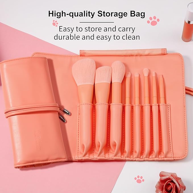 DUcare Makeup Brush Set with Case, 8 Piece Professional Sunrise Orange Brushes, Synthetic Fiber Vegan Brushes with Travel Storage Bag for Foundation Blush Contour Eyeshadow Blending Detailing