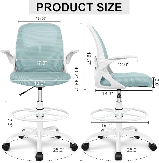 Primy Drafting Chair Tall Office Chair with Flip-up Armrests Executive Ergonomic Computer Standing Desk Chair with Lumbar Support and Adjustable Footrest Ring（Light Blue）