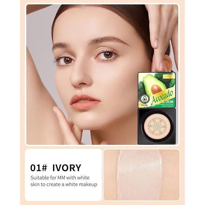 Air Cushion CC Cream Foundation Makeup, Avocado BB Cream for Mature Skin, Color Correcting CC Cream Long Lasting Waterproof Natural Full Coverage Foundation, Moisturizing Concealer (Ivory)