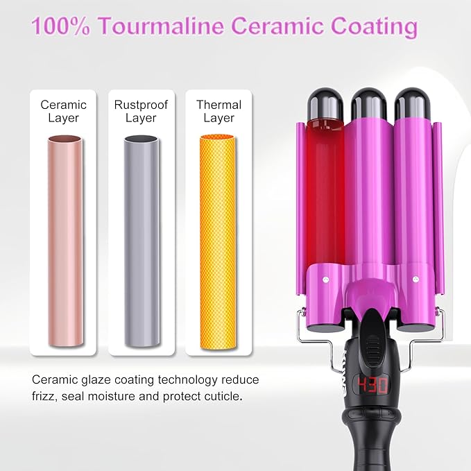 1 Inch Three Barrel Curling Iron,Fast Heating Hair Crimper for Women,Crimper Hair Tool with LCD Temperature Display,60 Min Auto-Off Hair Waver,Dual Voltage WaverHair Tool
