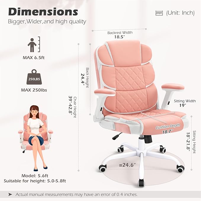 SEATZONE Ergonomic Office Chair Pink PU Leather Desk Chairs Computer Chair with Wheels and Flip-up Arms,Rolling Swivel Task Chair for Women,Girls