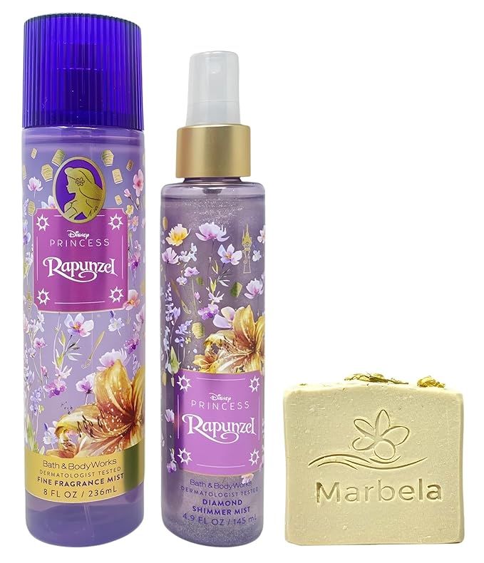 Bath & Body Works Limited Edition Princess Collection Rapunzel Fine Fragrance Mist and Diamond Shimmer Mist with a Wild Jasmine Bar Soap