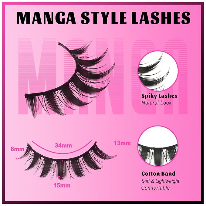 Veleasha Lashes Manga Eyelashes Spiky Eye Lashes Anime Lash 8D Doll Lash Natural Look Soft Wispy Fake Eyelashes with Lash Glue & Tweezers 7 Pairs (Cutes Kit)