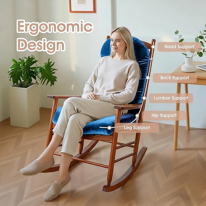 Rocking Chair Cushion Indoor Large Chair Pads Set with Ties Extra Lumbar Pillow Premium Dutch Velvet High Resilience Filler Non-Slip Bottom, Dark Blue