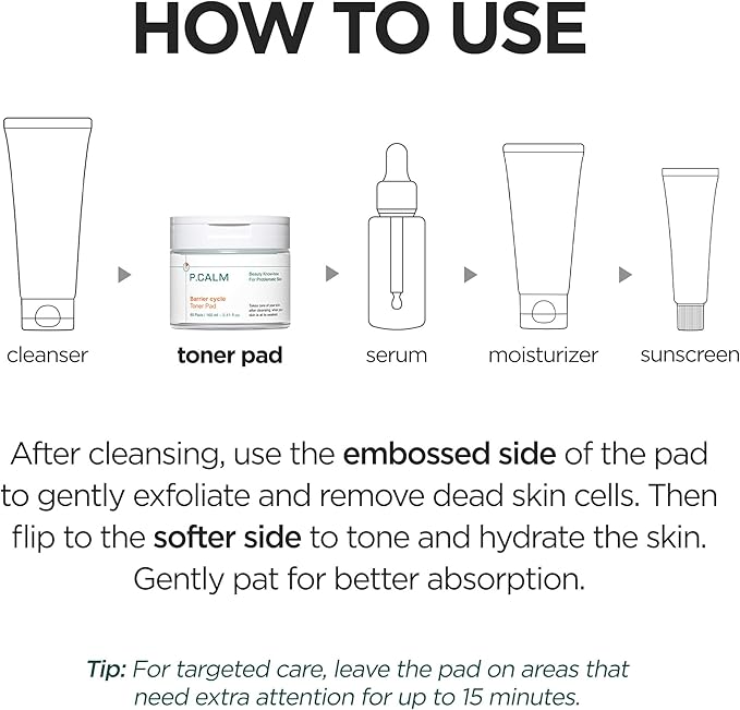 P.CALM Barrier Cycle Toner Pad – 60 Pads with Centella Asiatica & Papaya Extract for Soothing, Moisturizing & Exfoliating, Korean Vegan Facial Toners Pads for Sensitive Skin (160ml / 5.41 fl.oz)