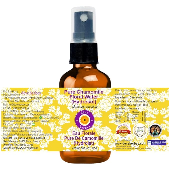 Deve Herbes Pure Chamomile Floral Water (Hydrosol) (Matricaria recutica) for Skin and Hair - 100ml (3.38 oz)