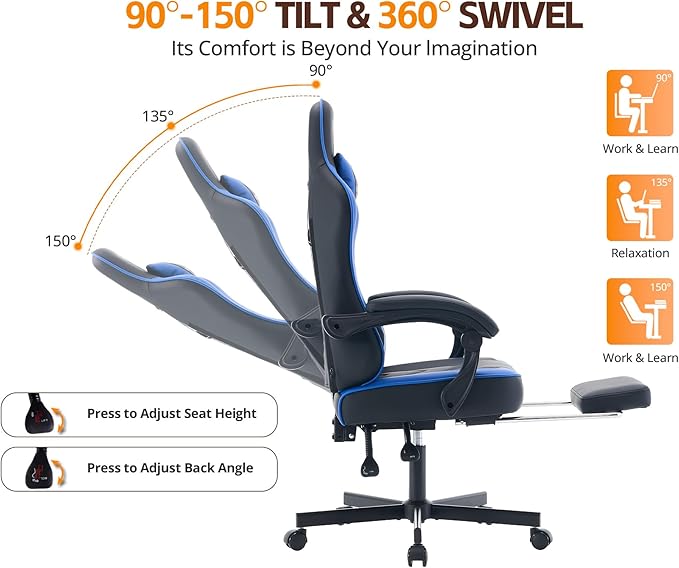 Office Chair Breathable Leather with Pocket Spring Cushion, Wide and High Ergonomic Computer Gaming Chair with Headrest and Footrest for Adult, Black and Blue