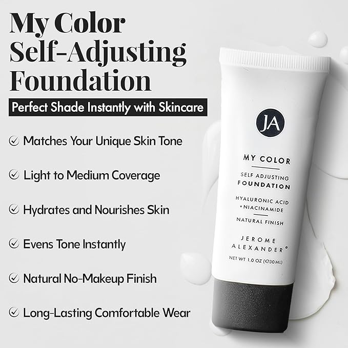 Jerome Alexander My Color Self-Adjusting Foundation, Hydrating & Lightweight Face Makeup, Skincare-Infused, with Kabuki Brush, Medium Dark, 1 oz