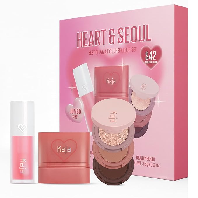 KAJA Heart & Seoul Best of Kaja Eye, Cheek & Lip Set - Includes Jumbo-Sized Plumping Lip Oil Gloss, Cheek & Lip Blush Dewy Bar & 3-Color Beauty Bento Eyeshadow Palette - Face Makeup Women Gift Set