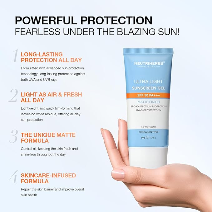 NEUTRIHERBS Upgraded SPF50 Clear Gel Sunscreen with Vitamin C, Lightweight Daily Sun Protector Block UVA/UVB, No White Cast PA+++ Broad-Spectrum - Travel Size 1.7 Oz
