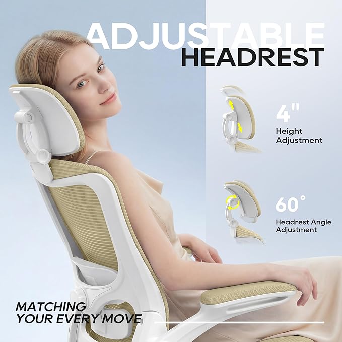 Ergonomic Office Chair, High Back Mesh Desk Chair with Adjustable Lumbar Support & Headrest, Flip-up Armrest, Computer Task Chairs for Home and Executive Office (W-Beige)