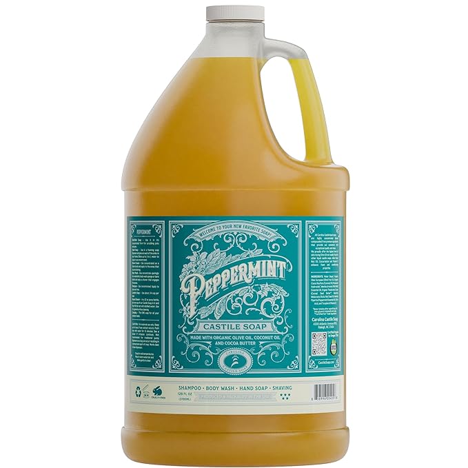 Carolina Castile Soap Peppermint Scent – Certified Organic Base, High Olive Oil Content, Non-Drying, Made with Organic Oils, Concentrated Natural Body Wash for Men and Women (Peppermint, 1 gallon)