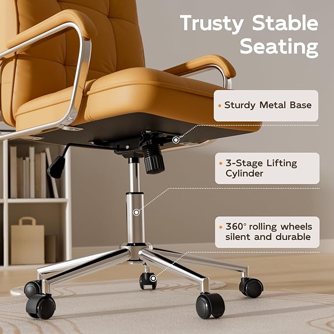Brown Leather Office Desk Chair, Swivel Computer Home Office Desk Chair with Wheels and Padded Arms, Adjustable Height and Tilt
