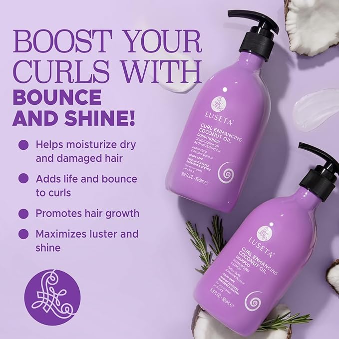Luseta Curly Hair Shampoo and Conditioner Set with Coconut Oil, Unlimited Bounce and Definition for wavy and Coily hair, Reduce Frizz and Repair Dry Hair, for All Curl Types Sulfate Free 16.9Fl oz×2