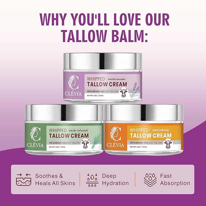 100% Grass-Fed Whipped Tallow Cream - 4 OZ Anti-Wrinkle Face+Body Balm – Organic Beef Tallow with Jojoba Oil – Deep Hydration for Dry, Sensitive & Irritated Skin (Unscented)